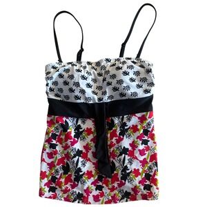 Y2K Venus Womens Floral Leaf Print Tankini Swim Top Black White Pink Size Medium